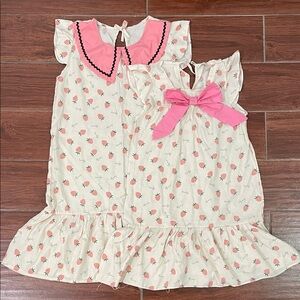 Cute Strawberry Print Matching Casual Dresses Set with Pink Accents (6-10 y.o)